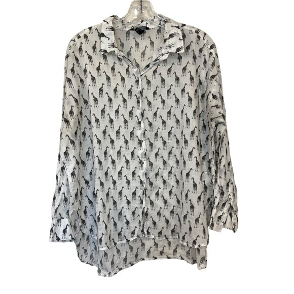 H&M Sheer Cotton Giraffe Print Button Down Shirt Women’s Black White Size 8 - Picture 3 of 11